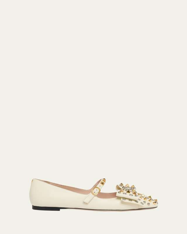 Bowow Studded Bow Leather Ballerina Flats